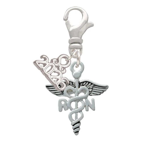 Silver Plated Nurse Caduceus - RN - Silver Plated Clip on Charm with Mini Year 2026: Year to Remember Jewelry Gift - Celebrations