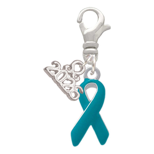 Silver Plated Teal Ribbon - Silver Plated Clip on Charm with Mini Year 2026: Year to Remember Jewelry Gift - Celebrations