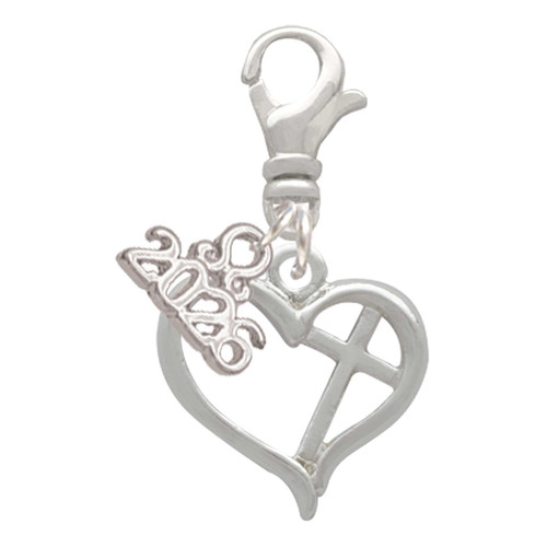 Silver Plated Heart Outline with diagonal Cross - Silver Plated Clip on Charm with Mini Year 2026: Year to Remember Jewelry Gift - Celebrations