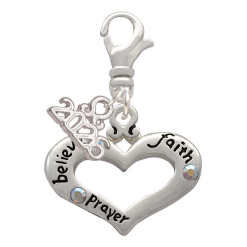 Silver Plated Heart with 3 AB Crystals - Believe Faith Prayer - Silver Plated Clip on Charm with Mini Year 2026: Year to Remember Jewelry Gift - Celebrations