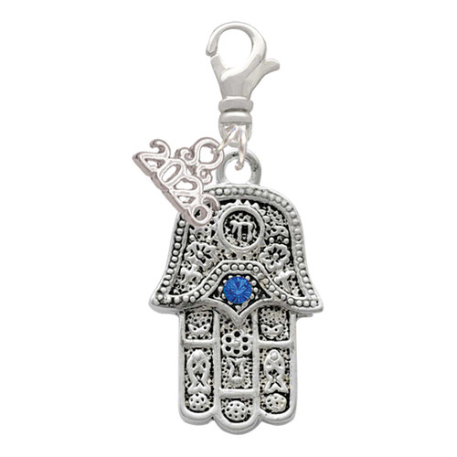 Silver Plated Hamsa Hand with Blue Crystal - Silver Plated Clip on Charm with Mini Year 2026: Year to Remember Jewelry Gift - Celebrations