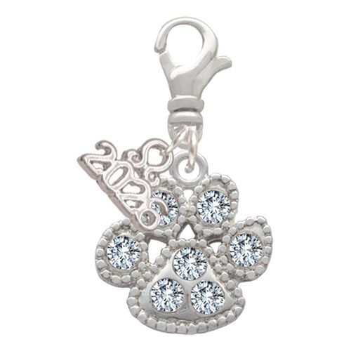 Silver Plated Large Paw with Clear Crystals - Silver Plated Clip on Charm with Mini Year 2026: Year to Remember Jewelry Gift - Celebrations