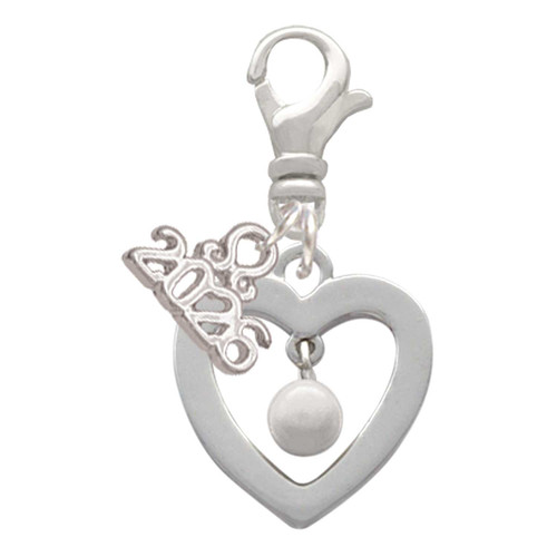 Silver Plated Open heart with Imitation Pearl Drop - Silver Plated Clip on Charm with Mini Year 2026: Year to Remember Jewelry Gift - Celebrations