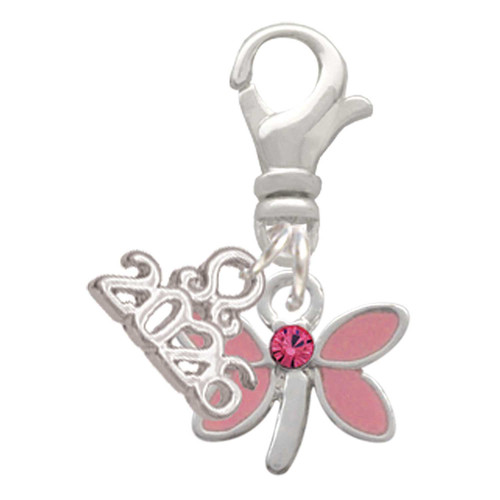 Silver Plated Pink Dragonfly with Crystal - Silver Plated Clip on Charm with Mini Year 2026: Year to Remember Jewelry Gift - Celebrations