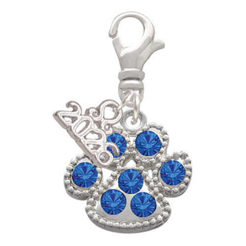 Silver Plated Large Paw with Blue Crystals - Silver Plated Clip on Charm with Mini Year 2026: Year to Remember Jewelry Gift - Celebrations