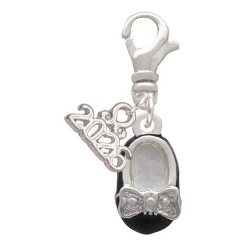 Silver Plated Black Enamel Baby Shoe with Bow - Silver Plated Clip on Charm with Mini Year 2026: Year to Remember Jewelry Gift - Celebrations
