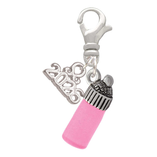 Silver Plated 3-D Pink Baby Bottle - Silver Plated Clip on Charm with Mini Year 2026: Year to Remember Jewelry Gift - Celebrations