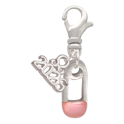 Silver Plated Pink Baby Safety Pin - Silver Plated Clip on Charm with Mini Year 2026: Year to Remember Jewelry Gift - Celebrations