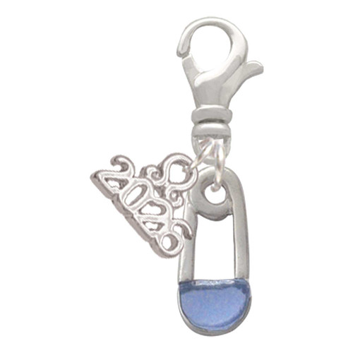 Silver Plated Blue Baby Safety Pin - Silver Plated Clip on Charm with Mini Year 2026: Year to Remember Jewelry Gift - Celebrations