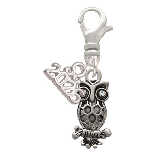 Silver Plated Antiqued Owl with Clear Crystal Eyes - Silver Plated Clip on Charm with Mini Year 2026: Year to Remember Jewelry Gift - Celebrations