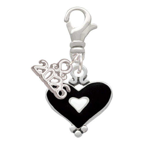 Silver Plated Black and White Enamel Heart - Silver Plated Clip on Charm with Mini Year 2026: Year to Remember Jewelry Gift - Celebrations