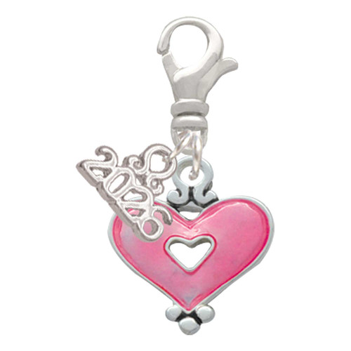 Silver Plated Hot Pink Enamel Heart with Cutout - Silver Plated Clip on Charm with Mini Year 2026: Year to Remember Jewelry Gift - Celebrations