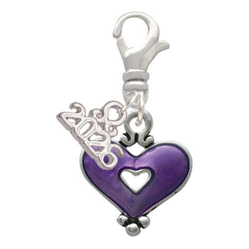 Silver Plated Hot Purple Enamel Heart with Cutout - Silver Plated Clip on Charm with Mini Year 2026: Year to Remember Jewelry Gift - Celebrations
