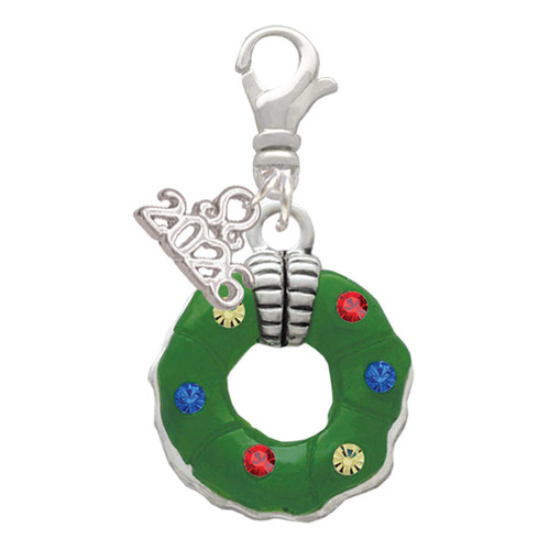 Silver Plated Green Resin Wreath with Crystals - Silver Plated Clip on Charm with Mini Year 2026: Year to Remember Jewelry Gift - Celebrations