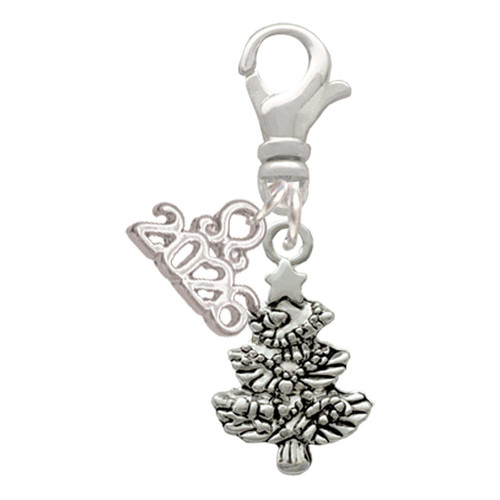 Silver Plated Antiqued Christmas Tree - Silver Plated Clip on Charm with Mini Year 2026: Year to Remember Jewelry Gift - Celebrations