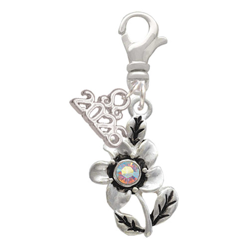 Silver Plated Flower with AB Crystal - Silver Plated Clip on Charm with Mini Year 2026: Year to Remember Jewelry Gift - Celebrations