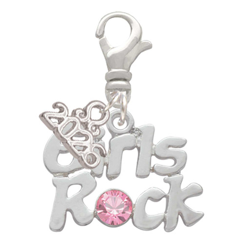 Silver Plated Girls Rock with Light Pink Crystal - Silver Plated Clip on Charm with Mini Year 2026: Year to Remember Jewelry Gift - Celebrations