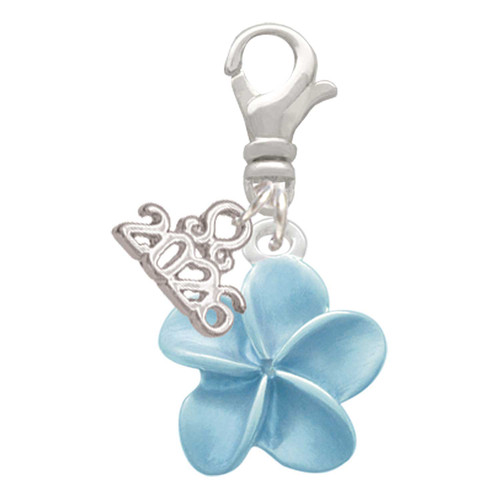 Silver Plated Blue Plumeria Flower - Silver Plated Clip on Charm with Mini Year 2026: Year to Remember Jewelry Gift - Celebrations