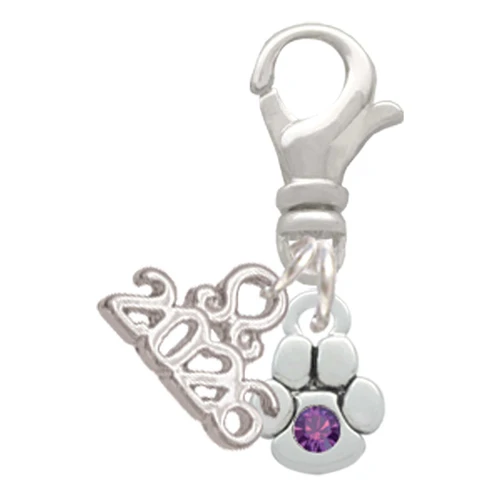 Silver Plated Mini Paw with Purple Crystal - Silver Plated Clip on Charm with Mini Year 2026: Year to Remember Jewelry Gift - Celebrations