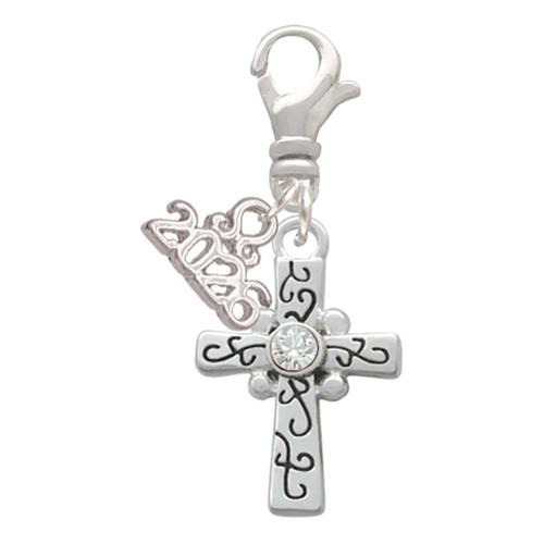 Silver Plated Scroll Cross with Clear Crystal - Silver Plated Clip on Charm with Mini Year 2026: Year to Remember Jewelry Gift - Celebrations