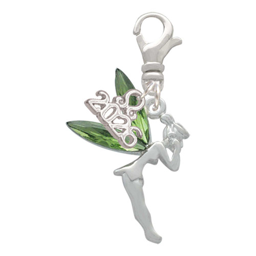 Silver Plated Large Fairy with Lime Green Wings - Silver Plated Clip on Charm with Mini Year 2026: Year to Remember Jewelry Gift - Celebrations