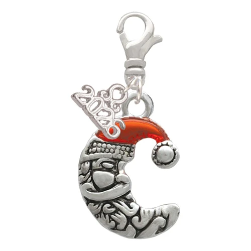 Silver Plated Small Crescent Moon Santa - Silver Plated Clip on Charm with Mini Year 2026: Year to Remember Jewelry Gift - Celebrations