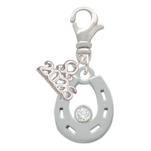 Silver Plated Horseshoe with Clear Crystal - Silver Plated Clip on Charm with Mini Year 2026: Year to Remember Jewelry Gift - Celebrations