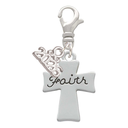 Silver Plated Faith Flat Cross - Silver Plated Clip on Charm with Mini Year 2026: Year to Remember Jewelry Gift - Celebrations