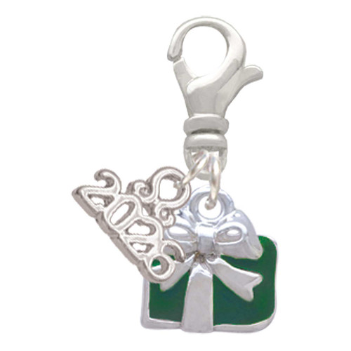 Silver Plated Small Green Enamel Present - Silver Plated Clip on Charm with Mini Year 2026: Year to Remember Jewelry Gift - Celebrations