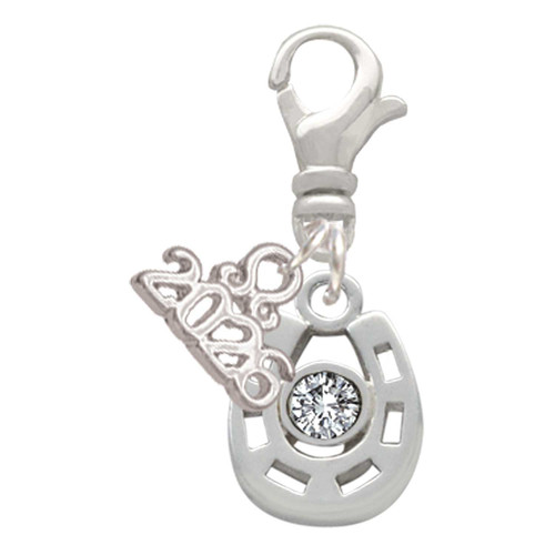 Silver Plated Small Clear Crystal Horseshoe - Silver Plated Clip on Charm with Mini Year 2026: Year to Remember Jewelry Gift - Celebrations