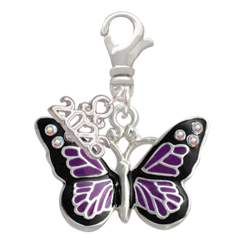 Silver Plated Large Purple Butterfly with 6 AB Crystals - Silver Plated Clip on Charm with Mini Year 2026: Year to Remember Jewelry Gift - Celebrations