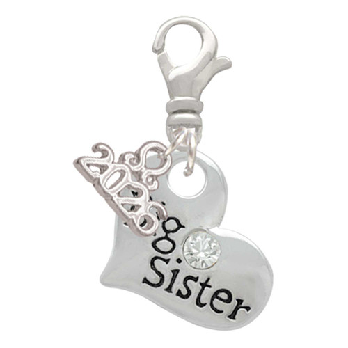 Silver Plated Large ''Big Sister'' Heart with Clear Crystal - Silver Plated Clip on Charm with Mini Year 2026: Year to Remember Jewelry Gift - Celebrations
