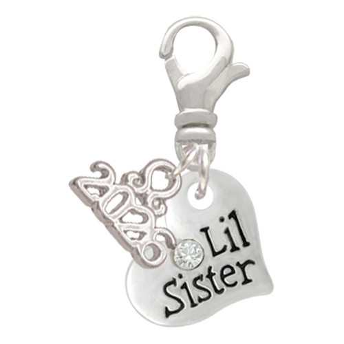 Silver Plated Small ''Lil Sister'' Heart with Clear Crystal - Silver Plated Clip on Charm with Mini Year 2026: Year to Remember Jewelry Gift - Celebrations