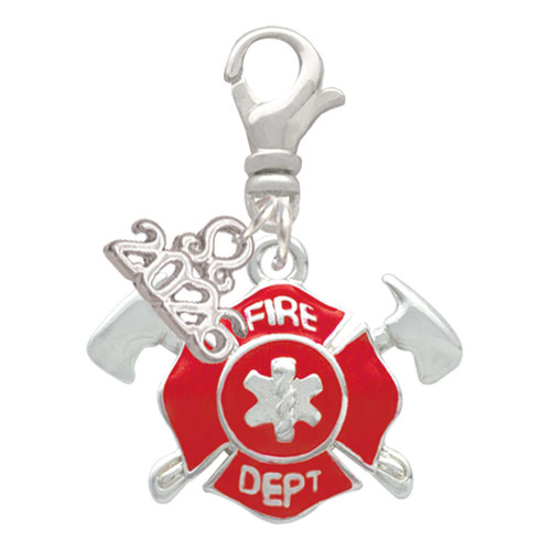 Silver Plated Red Fire Department Shield with Axes - Silver Plated Clip on Charm with Mini Year 2026: Year to Remember Jewelry Gift - Celebrations
