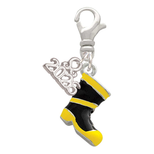 Silver Plated Black and Yellow Firefighter Boot - Silver Plated Clip on Charm with Mini Year 2026: Year to Remember Jewelry Gift - Celebrations