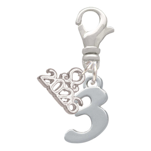 Silver Plated Number - 3 - Silver Plated Clip on Charm with Mini Year 2026: Year to Remember Jewelry Gift - Celebrations