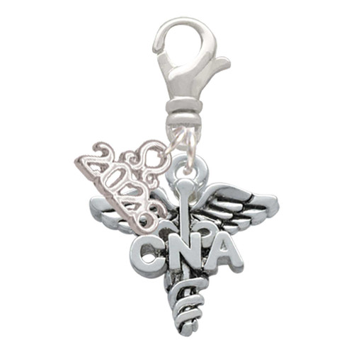 Silver Plated Nurse Caduceus - CNA - Silver Plated Clip on Charm with Mini Year 2026: Year to Remember Jewelry Gift - Celebrations