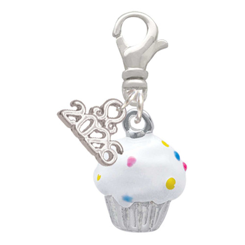 Silver Plated 3-D White Cupcake with Sprinkles - Silver Plated Clip on Charm with Mini Year 2026: Year to Remember Jewelry Gift - Celebrations