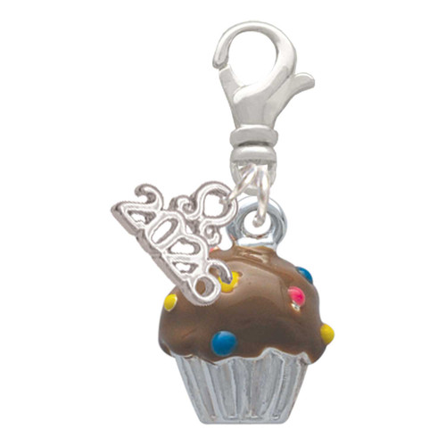 Silver Plated 3-D Chocolate Cupcake with Sprinkles - Silver Plated Clip on Charm with Mini Year 2026: Year to Remember Jewelry Gift - Celebrations