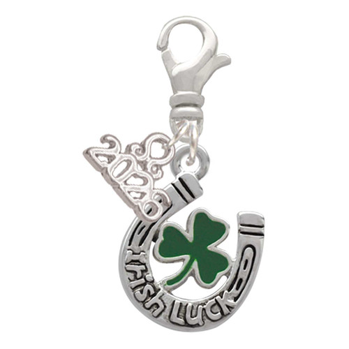 Silver Plated Irish Luck Horseshoe with Shamrock - Silver Plated Clip on Charm with Mini Year 2026: Year to Remember Jewelry Gift - Celebrations