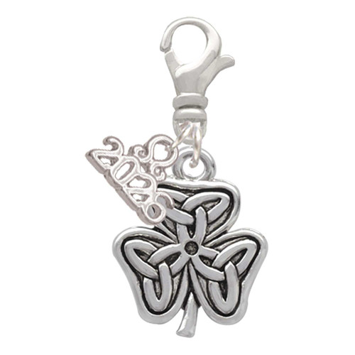 Silver Plated Shamrock with Celtic Knot - Silver Plated Clip on Charm with Mini Year 2026: Year to Remember Jewelry Gift - Celebrations
