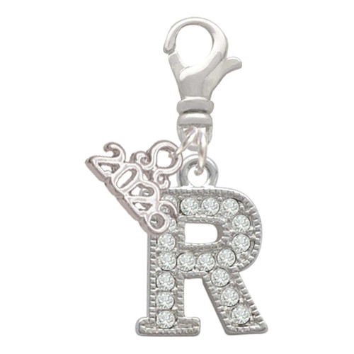 Silver Plated Crystal Initial - R - Silver Plated Clip on Charm with Mini Year 2026: Year to Remember Jewelry Gift - Celebrations