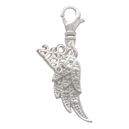 Silver Plated Textured Angel Wing - Silver Plated Clip on Charm with Mini Year 2026: Year to Remember Jewelry Gift - Celebrations