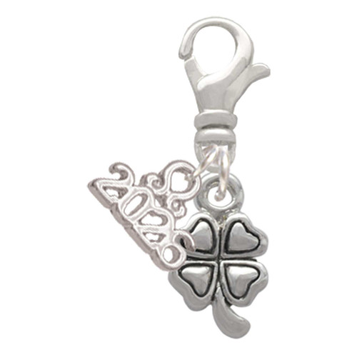 Silver Plated Mini Four Leaf Clover - Silver Plated Clip on Charm with Mini Year 2026: Year to Remember Jewelry Gift - Celebrations