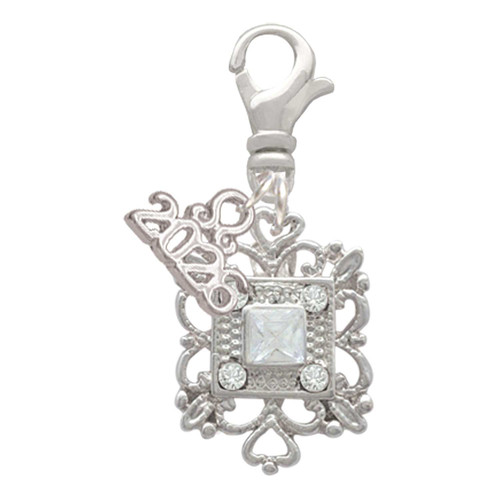 Silver Plated Square AB Crystal with Filigree - Silver Plated Clip on Charm with Mini Year 2026: Year to Remember Jewelry Gift - Celebrations