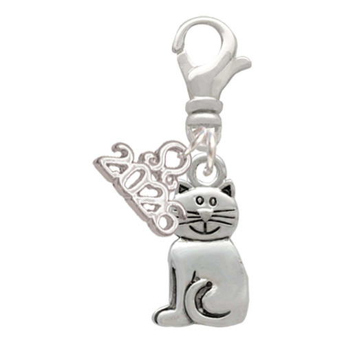 Silver Plated 2-D Smiling Cat - Silver Plated Clip on Charm with Mini Year 2026: Year to Remember Jewelry Gift - Celebrations