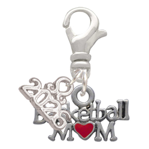 Silver Plated Basketball Mom with Red Heart - Silver Plated Clip on Charm with Mini Year 2026: Year to Remember Jewelry Gift - Celebrations