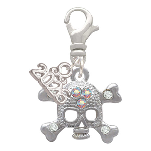 Silver Plated Skull with 3 AB Crystals - Silver Plated Clip on Charm with Mini Year 2026: Year to Remember Jewelry Gift - Celebrations