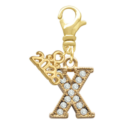 Gold-tone Crystal Initial - X - Gold-tone Plated Clip on Charm with Mini Year 2026: Year to Remember Jewelry Gift - Celebrations