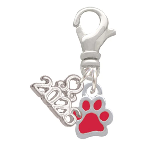 Silver Plated Mini Translucent Red Paw - Silver Plated Clip on Charm with Mini Year 2026: Year to Remember Jewelry Gift - Celebrations